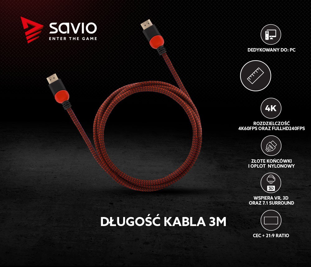 Kabel HDMI 2.0 dedykowany do PC czerwono-czarny 3 m, GCL-04
